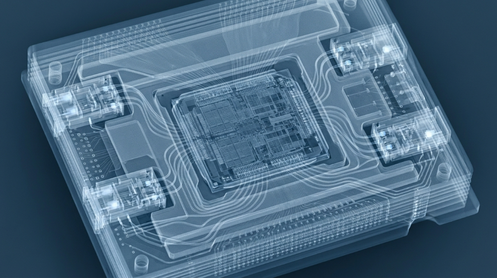 X‑ray render of CPO co‑packaged optics system for AI data center interconnect