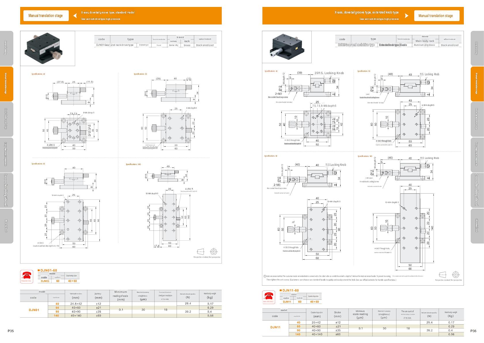 Manual Positioning Stage parameters