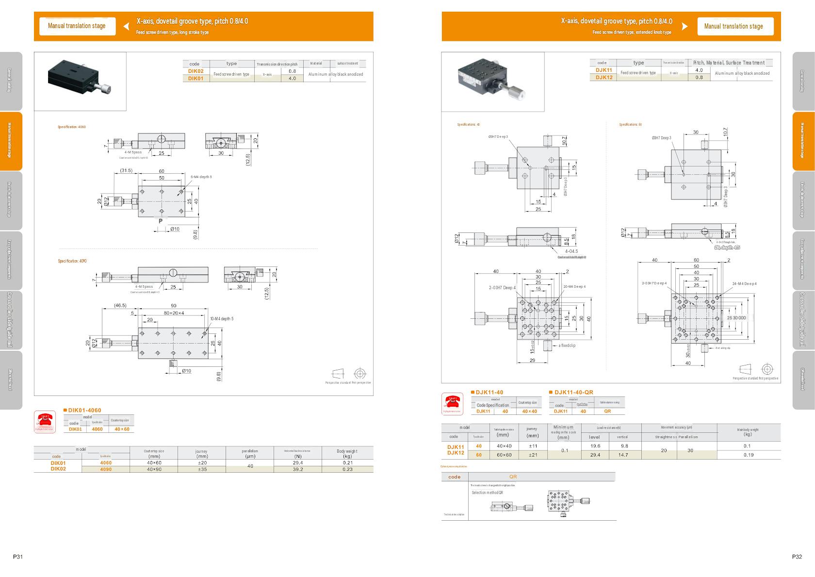 Manual Linear Positioning Stages parameters