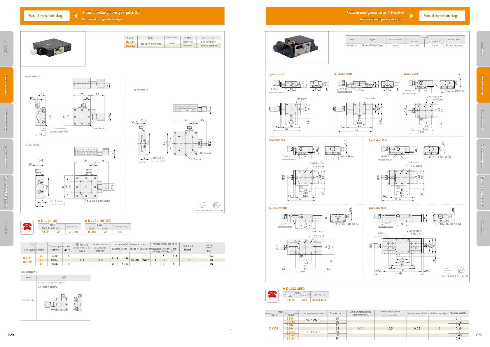 Dovetail Manual Stage Parameters
